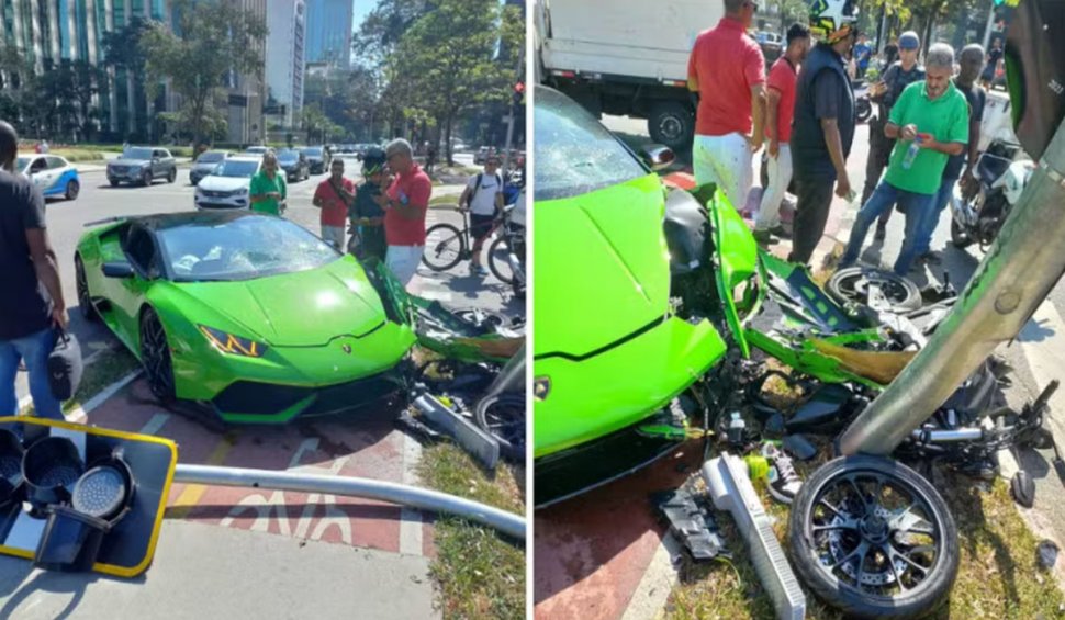 Un afacerist a intrat cu Lamborghiniul într-un stâlp, când urmărea motociclistul care îi furase Rolexul de la mână. A rămas fără ceas și cu mașina distrusă