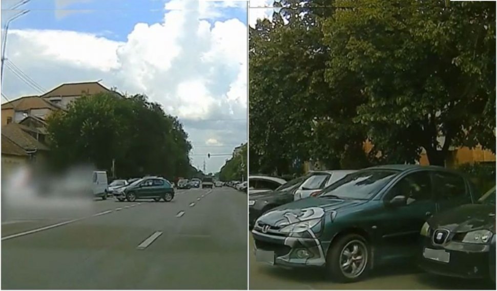 Momentul în care o maşină traversează singură un bulevard din patru benzi şi parchează, după ce şoferul a uitat să tragă frâna de mână, în Oradea
