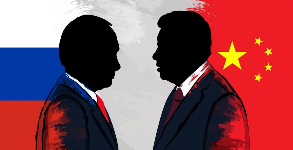 Ilustratie Putin si Xi cu steagurile Rusiei si Chinei in spate