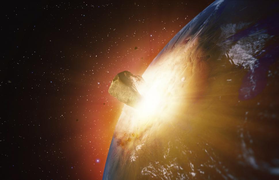 Ilustratie cu un asteroid care se izbeste de Pamant.