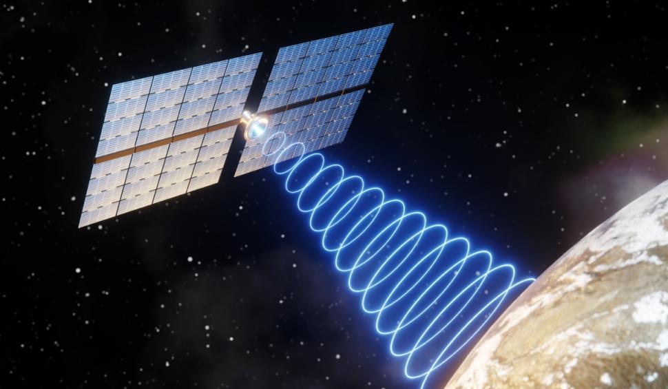 un satelit isi extinde panourile solare si emite unde circulare albastre c?tre planeta P?mânt