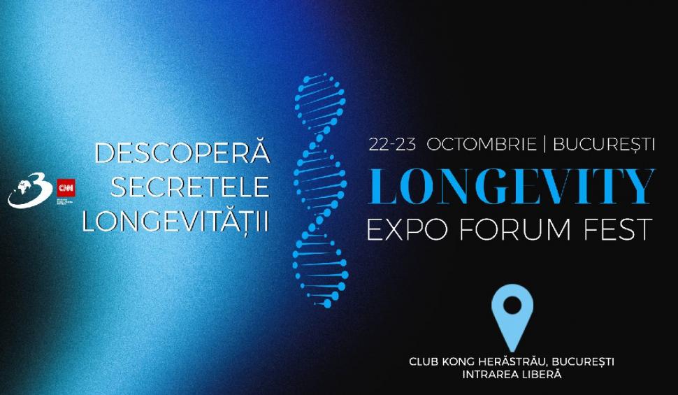 În Bucure?ti, pe 22-23 octombrie are loc Longevity Expo Forum Fest, un eveniment dedicat inova?iilor în domeniul s?n?t??ii ?i longevit??ii care se va desf??ura la Club Kong, reunind lideri de opinie, exper?i ?i pasiona?i din domeniul biotehnologiei, nutri