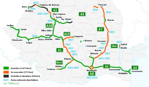 Harta autostrăzilor şi a drumurilor expres din România, la începutul anului 2024