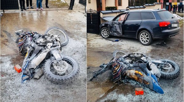 Un motociclist băut, fără permis şi cu o minoră pasageră s-a ciocnit puternic de o maşină, la Suceava