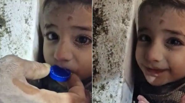 Un copil a primit apă cu dopul unei sticle, după ce a rămas prins sub o clădire prăbuşită la cutremur, în Siria