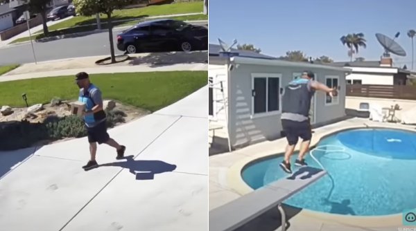 Momentul în care un curier copleșit de caniculă se aruncă, îmbrăcat, în piscina unui client. A devenit viral pe internet