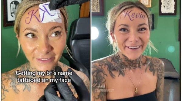 O tânără și-a tatuat numele iubitului pe frunte şi are şi un plan în caz că se despart: 