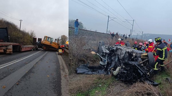 Accident grav pe DN7, în județul Arad. O tânără a murit şi o alta a fost grav rănită după ce un buldoexcavator a căzut de pe trailer direct pe mașina în care se aflau