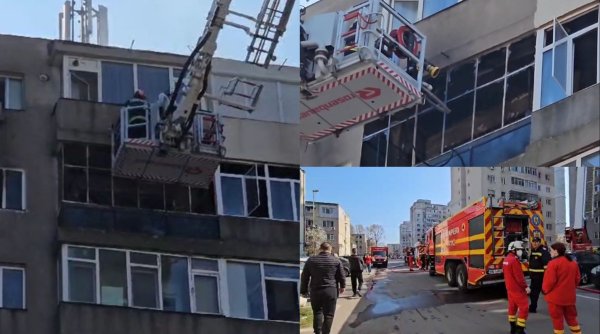 Explozie urmată de incendiu, la etajul nouă al unui bloc din Constanța. Intervenție dificilă a pompierilor