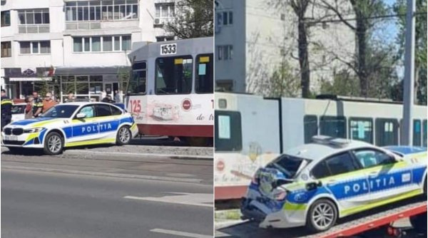 BMW de Poliţie făcut praf de tramvai, într-o intersecţie din Galaţi. Vatmaniţa a fost amendată