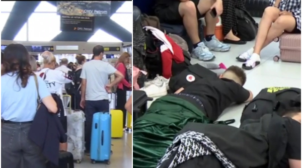 Imaginile umilinţei în Aeroportul Otopeni. Zeci de pasageri dorm pe jos şi pe bagaje, după ce 32 de curse Tarom au fost anulate