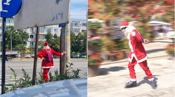 „Moș Crăciun” pe role, pe străzile din Iași. Un tânăr s-a costumat și a ieșit la plimbare în plină caniculă