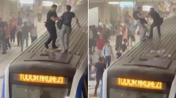 Momentul în care un bărbat se urcă pe metrou, la stația Victoriei. Alt individ a folosit extinctorul în tren, la stația Piața Romană